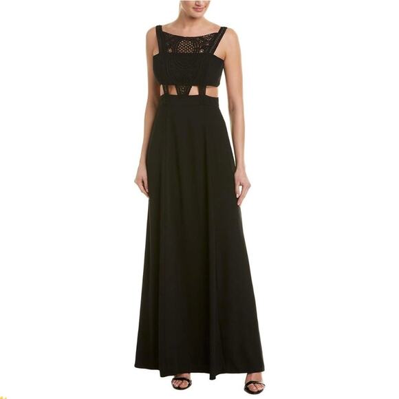 Aidan by Aidan Mattox Crepe Crochet Lace Gown Womens 0 Black Cutout Maxi Dress - Picture 2 of 12